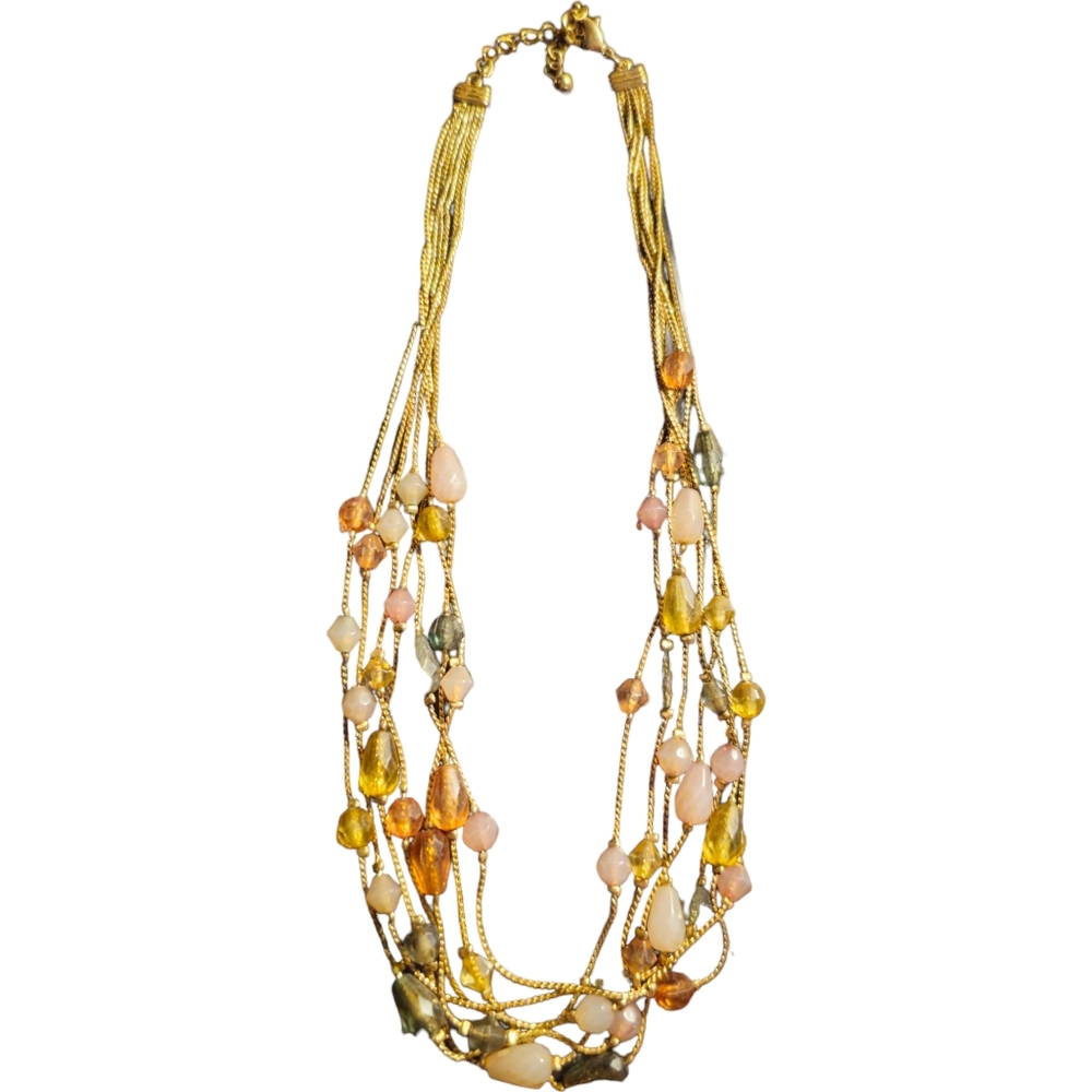 Multi Strand Gold Tone Chain Necklace With Glass and Stone Beads - Picture 1 of 4